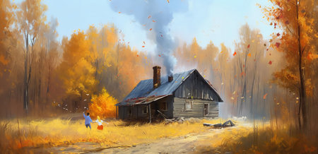 A family in the golden forest, 3D illustration.の素材