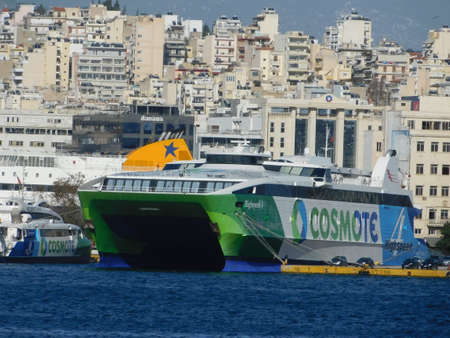 February 2018, Piraeus, Greece. A fast passenger ferry in portのeditorial素材