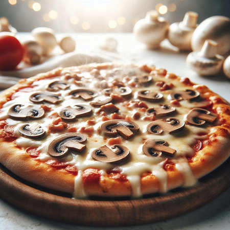 Pizza with champignons and mozzarella cheese on light backgroundの写真素材