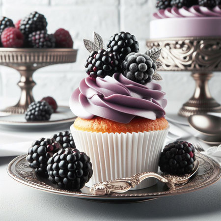 Cupcake with blackberries and raspberries on a white backgroundの写真素材