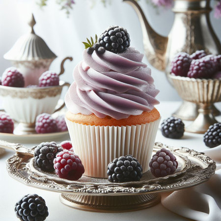 Cupcake with blackberries and raspberries on a vintage backgroundの写真素材