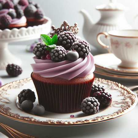 Cupcake with blackberries and blueberries on a light backgroundの写真素材