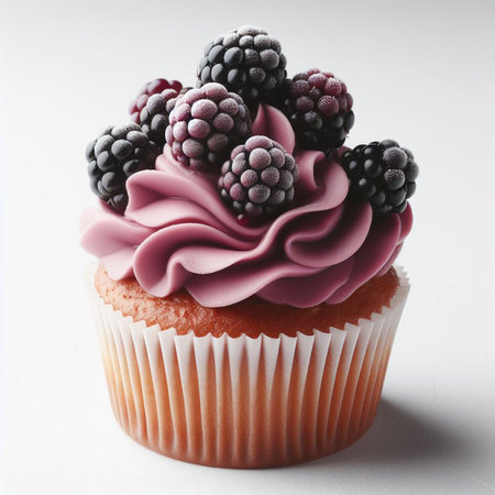 Cupcake with blackberry and raspberry on a white background.の写真素材