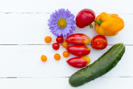 Organic food background. Cucumber, bell pepper, tomatoes, tomatoes of cherri and purple chrysanthemum. Food photography different vegetables, white backgroundの写真素材
