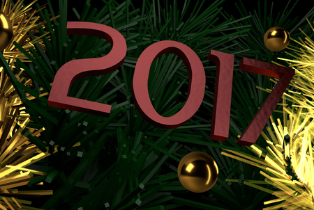 2017 New Year, ruby color inscription, Creative Image, Gold Christmas tree graphic with golden balls...