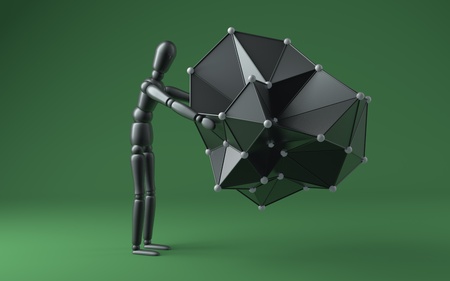 3d character holding a polygonal design on a green backgroundの写真素材