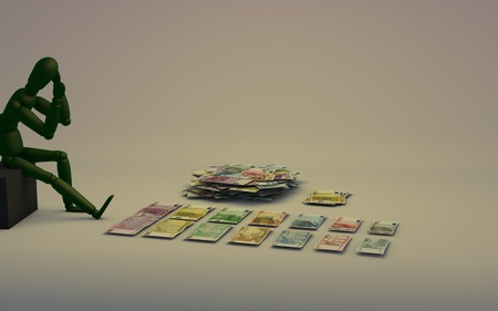 3D Character illustration of a pensive over cash euro units