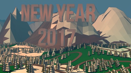 3d illustration. Low polygon landscape and mountains with the inscription New Yaer 2017