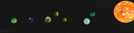 Panorama newly discovered exoplanets in TRAPPIST-1 system. The creative idea of the seven planets, and the new sun.の写真素材