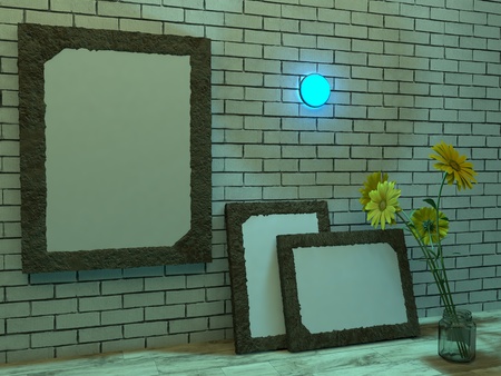 3d rendering. Frames of a brick wall, a bouquet of flowers in a jar