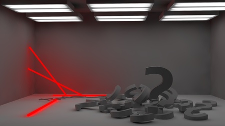 One glowing question mark and a lot of dark ones lie in a pile in a gray roomの写真素材