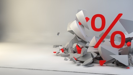 3d rendering. A percent sign located on a cracked sphere in the room.の写真素材