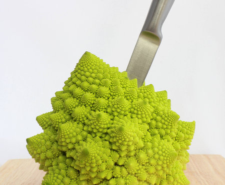 Knife into the romanescu broccoliの写真素材