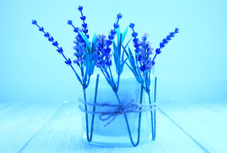 Candle on blue backgroundの写真素材