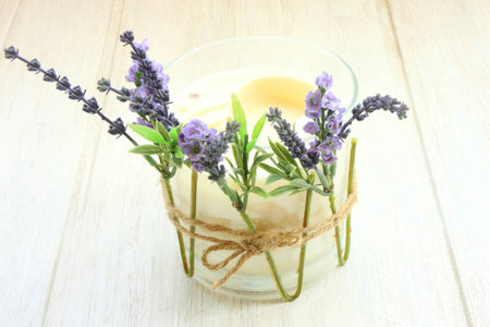 Lilac flower and candleの写真素材