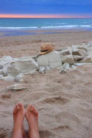 Hat on a french beachの写真素材