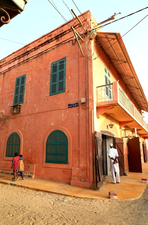 SAINT LOUIS DU SENEGAL,SENEGAL-APRIL 18, 2014  Man waits tourist for sell crafts in his shop on April 18, in Saint Louis du Senegal-Senegal のeditorial素材