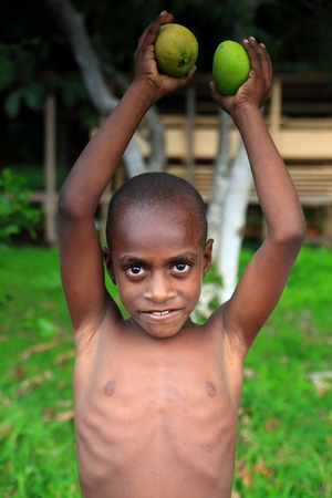 Ambrym, VANUATU-OCTOBER 10, 2014: boy with handles posse for the photographer at the entrance to the cabin on October 10, in Olal-Vanuatu.のeditorial素材