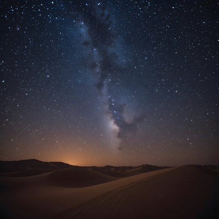 Night starry sky over sand dunes in Sahara desert, Moroccoの素材