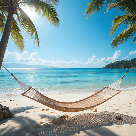 Hammock on the beach with palm trees and blue sky backgroundの素材