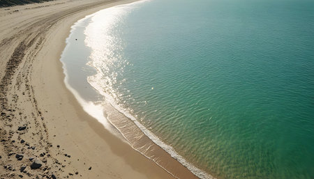 Aerial view of the sandy beach and turquoise sea.の素材