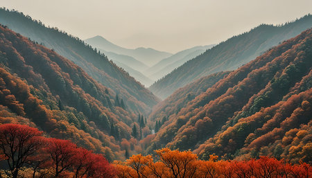 Autumn landscape with colorful forest and foggy mountains in the backgroundの素材