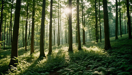 Morning in the forest with sunbeams and ferns in the foregroundの素材