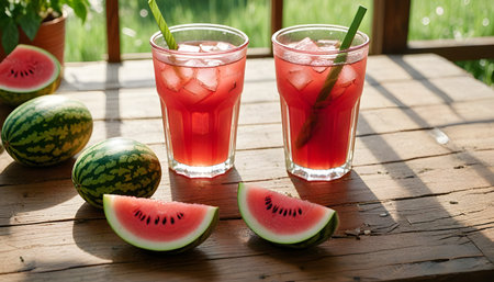 Refreshing watermelon drink in glass on wooden table in gardenの素材