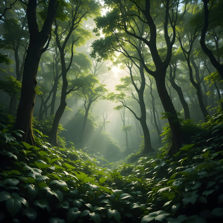 Mysterious dark forest with fog and sunbeams. 3D renderingの素材