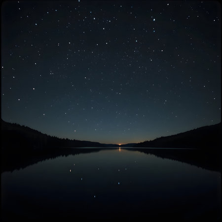 Night landscape with starry sky and lake. Reflection in water.の素材