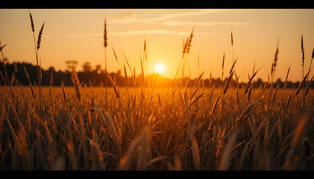 Sunset over a field of ears of wheat on a background of the setting sunの素材