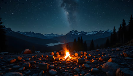 Camping in the mountains at night with a bonfire and starsの素材