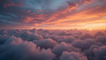 Beautiful aerial view above the clouds at sunset. 3d illustrationの素材
