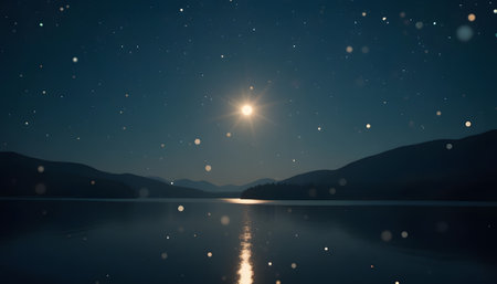 Beautiful night landscape with mountain lake and starry sky. 3d renderingの素材