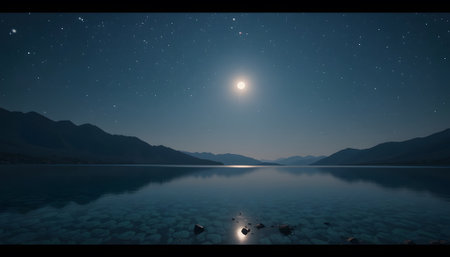 Night landscape with moon and stars over the lake. 3d renderingの素材