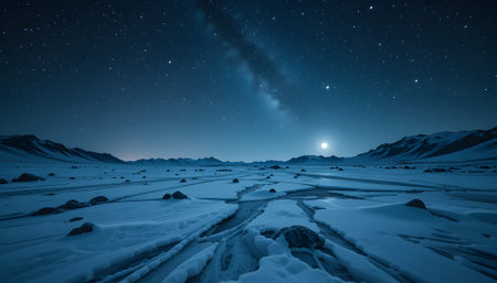 Fantastic winter landscape with snow covered mountains and starry skyの素材
