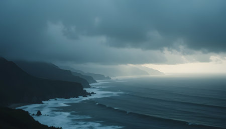 Dramatic view of the ocean and cliffs on a cloudy dayの素材