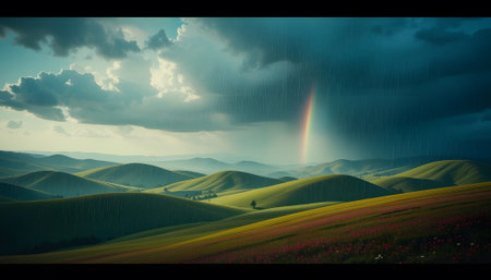 Beautiful landscape with rainbow and green hills. 3d rendering.の素材