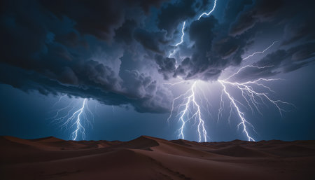 Thunderstorm with lightning bolts over desert dunesの素材