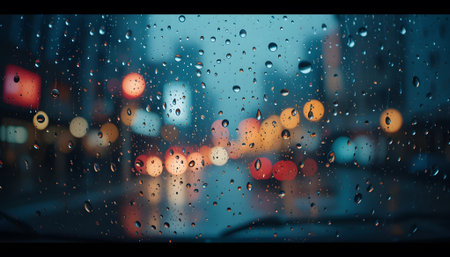 Rain drops on glass with city view background, bokeh.の素材