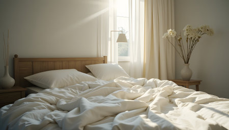 White bedding in the bedroom with a vase of flowers.の素材