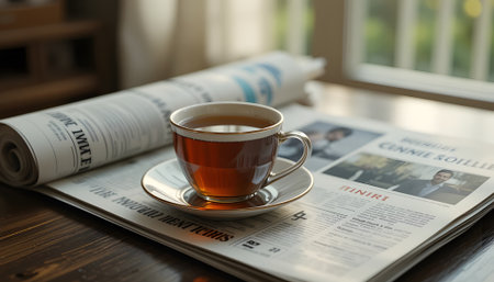 Cup of tea and newspaper on wooden table. Selective focus.の素材