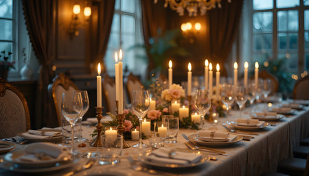 Wedding table setting with candles and cutlery, selective focusの素材