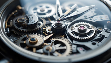 Close up of watch mechanism with arrows and gears. Time management conceptの素材