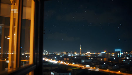Night view of the city from the window of a modern office buildingの素材