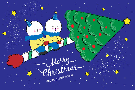 Christmas greeting card or invitation design. Vector illustration with a couple of Bichon frise dogs in Christmas concept design.のイラスト素材