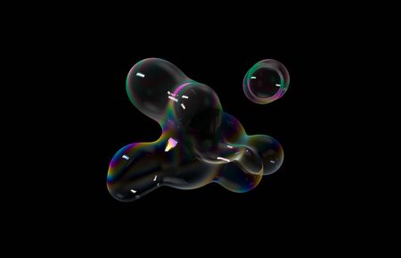Abstract 3d geometric art with fluid floating liquid rainbow blobs, soap bubbles.