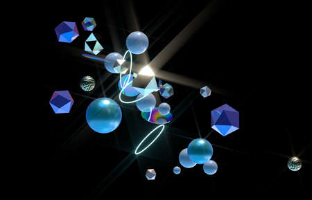 Abstract 3d art background with geometric shape floating on black background.