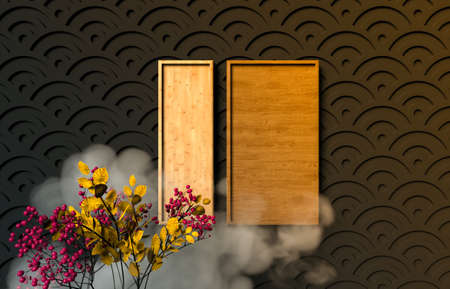 Chinese Mid autumn festival background with empty wooden plate. 3d render.