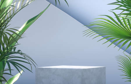 Natural beauty podium backdrop for cosmetic product display with tropical palm leaves. 3d render.